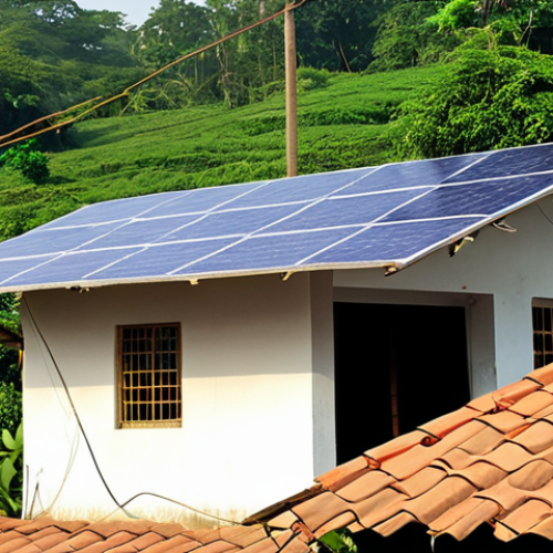 Home 15 **
Solar panels on a rooftop of a typical Bengali house in a village setting, generating electricity. Show a meter displaying reduced electricity consumption. The scene should depict a sunny day with lush green surroundings to emphasize environmental friendliness.
**