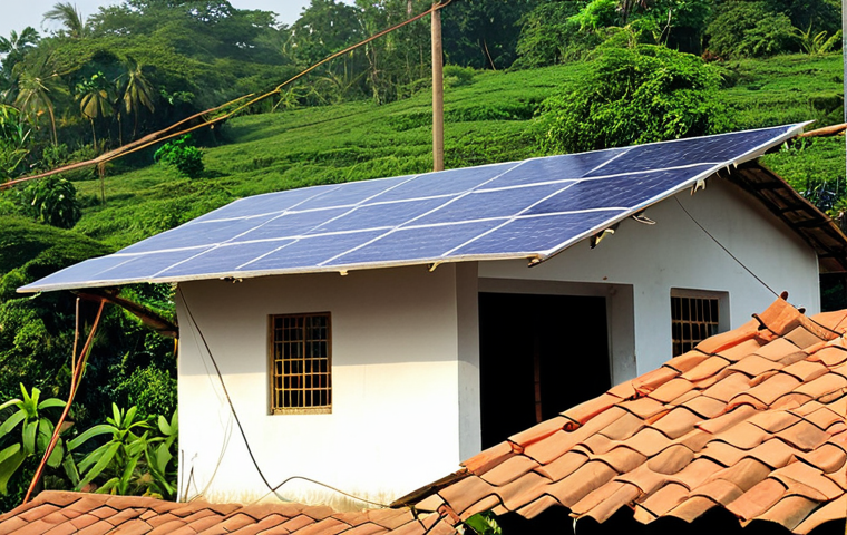 **
Solar panels on a rooftop of a typical Bengali house in a village setting, generating electricity. Show a meter displaying reduced electricity consumption. The scene should depict a sunny day with lush green surroundings to emphasize environmental friendliness.
**