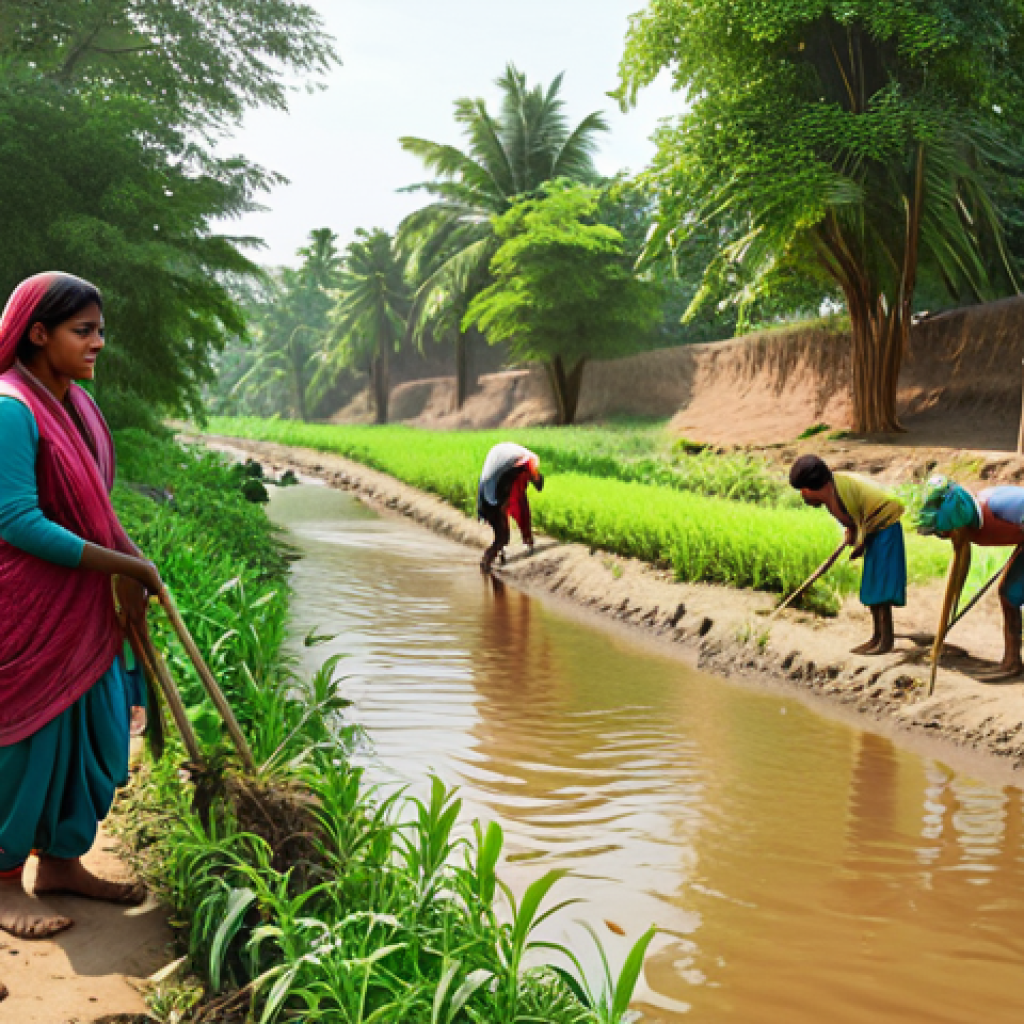 A vibrant, photorealistic image of a diverse South Asian rural community, including farmers, fisherfolk, and children, collaborating on a local climate action project. They are shown planting trees along a revitalized riverbank, or tending to small community solar installations, demonstrating collective environmental leadership. The scene should convey hope, resilience, and a deep connection to nature, with lush greenery indicating positive change. The lighting is warm and natural, emphasizing unity and progress.