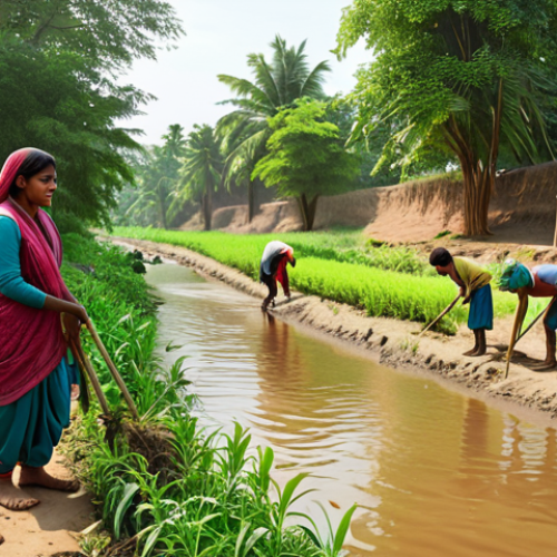 Home 14 A vibrant, photorealistic image of a diverse South Asian rural community, including farmers, fisherfolk, and children, collaborating on a local climate action project. They are shown planting trees along a revitalized riverbank, or tending to small community solar installations, demonstrating collective environmental leadership. The scene should convey hope, resilience, and a deep connection to nature, with lush greenery indicating positive change. The lighting is warm and natural, emphasizing unity and progress.