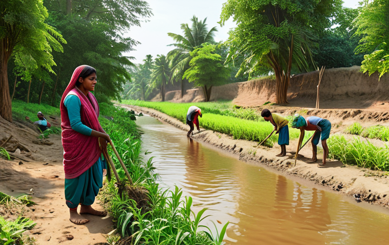 A vibrant, photorealistic image of a diverse South Asian rural community, including farmers, fisherfolk, and children, collaborating on a local climate action project. They are shown planting trees along a revitalized riverbank, or tending to small community solar installations, demonstrating collective environmental leadership. The scene should convey hope, resilience, and a deep connection to nature, with lush greenery indicating positive change. The lighting is warm and natural, emphasizing unity and progress.