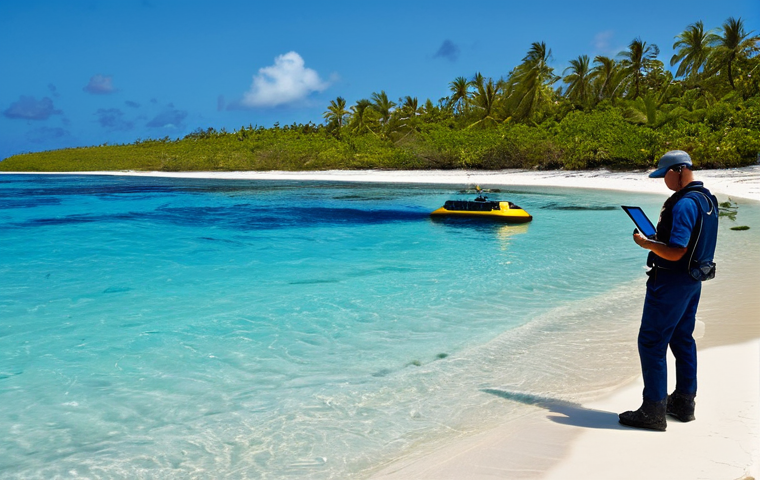 A professional marine biologist, fully clothed in appropriate attire, stands on a clean sandy beach, meticulously observing the distant ocean with a tablet. In the foreground, a small, advanced autonomous underwater vehicle (AUV) is deployed into crystal-clear blue waters, collecting data near a healthy coral reef. The scene emphasizes environmental monitoring and technological solutions to ocean health. Professional photography, high resolution, realistic, natural lighting, perfect anatomy, correct proportions, natural pose, well-formed hands, proper finger count, natural body proportions, safe for work, appropriate content, fully clothed, modest, family-friendly.