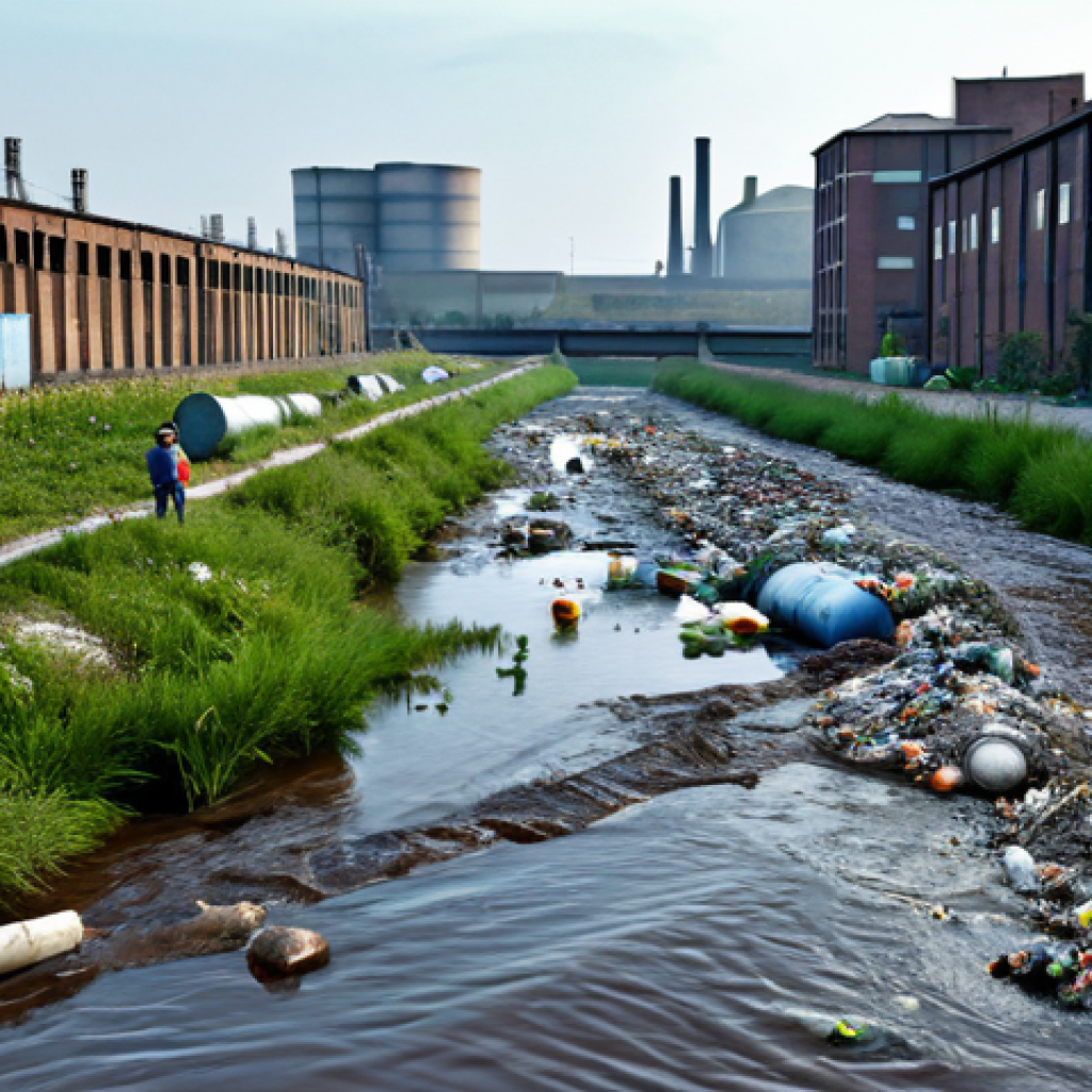 Industrial Waste Impact**

"A polluted river near a factory, showing the effects of industrial waste, with concerned villagers in the background, fully clothed, appropriate content, safe for work, perfect anatomy, natural proportions, realistic rendering, professional photograph, family-friendly."

**
