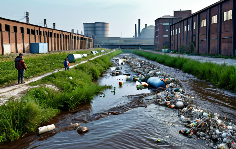 Industrial Waste Impact**

"A polluted river near a factory, showing the effects of industrial waste, with concerned villagers in the background, fully clothed, appropriate content, safe for work, perfect anatomy, natural proportions, realistic rendering, professional photograph, family-friendly."

**
