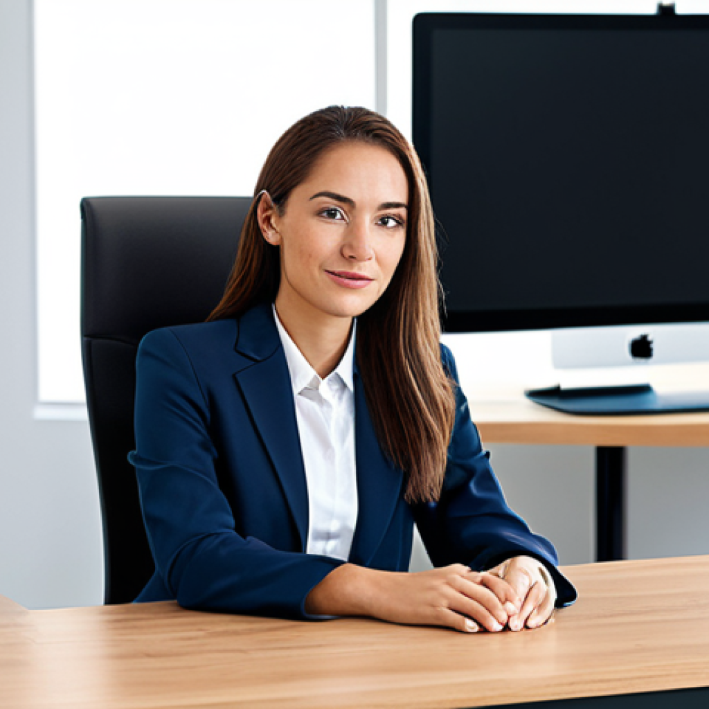 A professional businesswoman in a modest business suit, sitting at a desk in a modern office, fully clothed, appropriate attire, safe for work, perfect anatomy, natural proportions, professional photography, high quality.