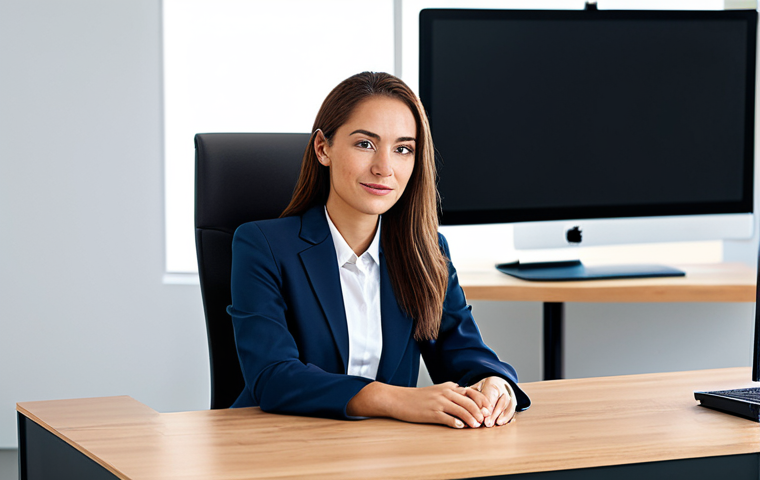 A professional businesswoman in a modest business suit, sitting at a desk in a modern office, fully clothed, appropriate attire, safe for work, perfect anatomy, natural proportions, professional photography, high quality.