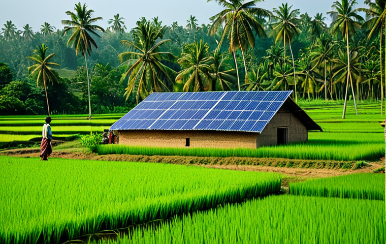 **Rural Sustainability:** "Serene Bengali village scene, solar panels on rooftops, lush green rice paddies, farmers using organic fertilizers, children planting trees, vibrant colors, realistic style, promoting eco-friendly practices, safe for work, appropriate content, fully clothed, professional, modest, family-friendly, perfect anatomy, natural proportions."