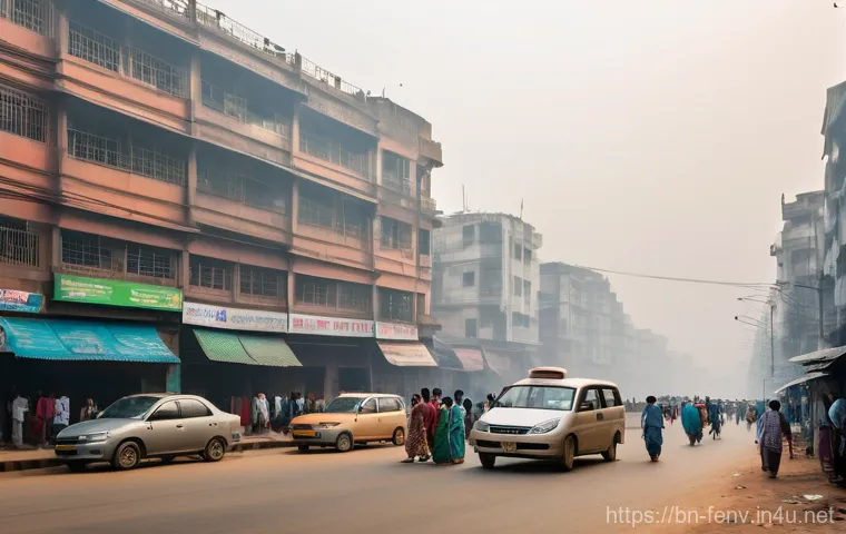 환경보호 법률 및 정책 - Image Prompt 1: "Struggling for Breath in Dhaka's Haze"**