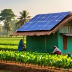 클린 에너지 산업 - **A Vibrant Rural Village Embracing Solar Energy:**
    A bustling, sun-drenched rural village in Ba...