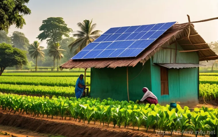 클린 에너지 산업 - **A Vibrant Rural Village Embracing Solar Energy:**
    A bustling, sun-drenched rural village in Ba...