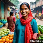 Home 18 친환경 생활 습관 - A vibrant street market scene in Bangladesh showcasing a Bengali woman shopping with a reusable clot...