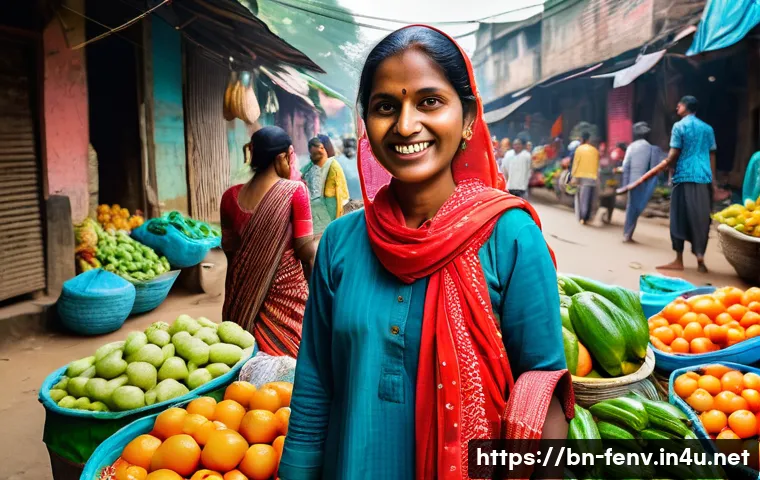 친환경 생활 습관 - A vibrant street market scene in Bangladesh showcasing a Bengali woman shopping with a reusable clot...