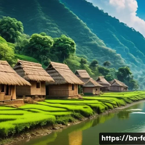 Home 29 지속 가능한 관광 산업 - A vibrant eco-tourism village in a lush green mountainous region of Bengal, showcasing traditional B...