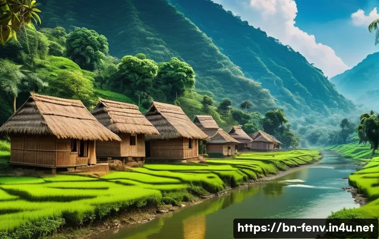 지속 가능한 관광 산업 - A vibrant eco-tourism village in a lush green mountainous region of Bengal, showcasing traditional B...