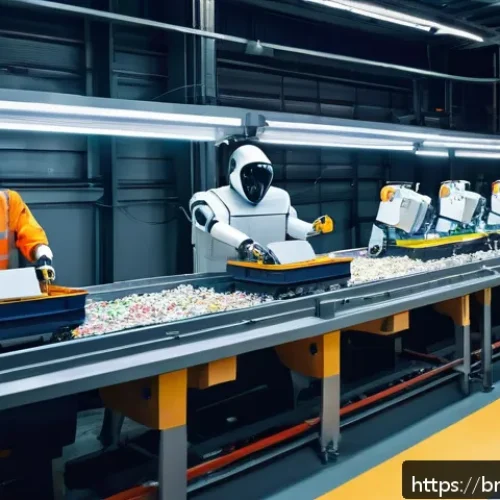 Home 28 고체 폐기물 처리 기술 - A modern urban recycling center featuring advanced robotics technology in action: sleek robots with ...