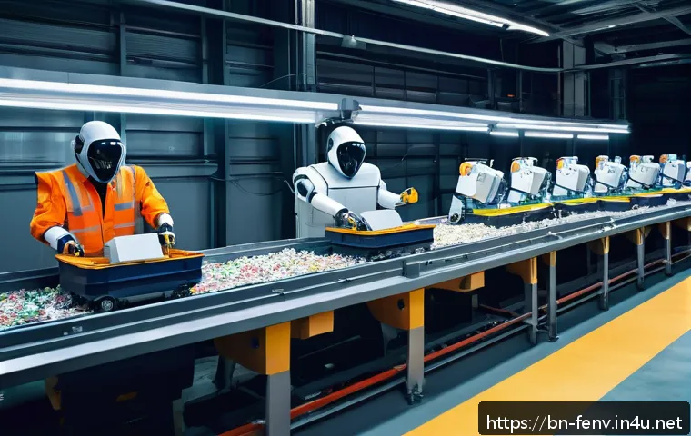 고체 폐기물 처리 기술 - A modern urban recycling center featuring advanced robotics technology in action: sleek robots with ...