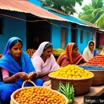 Home 21 친환경적인 소비 문화 - A vibrant marketplace scene in a Bengali village showcasing local farmers selling fresh organic vege...