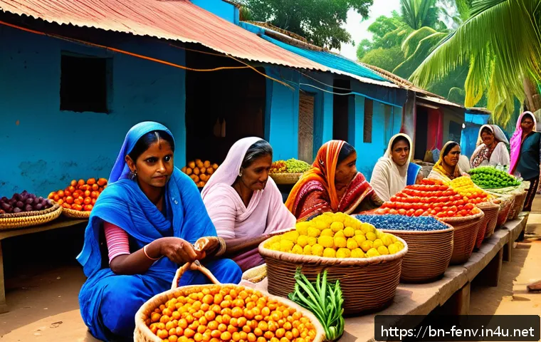 친환경적인 소비 문화 - A vibrant marketplace scene in a Bengali village showcasing local farmers selling fresh organic vege...