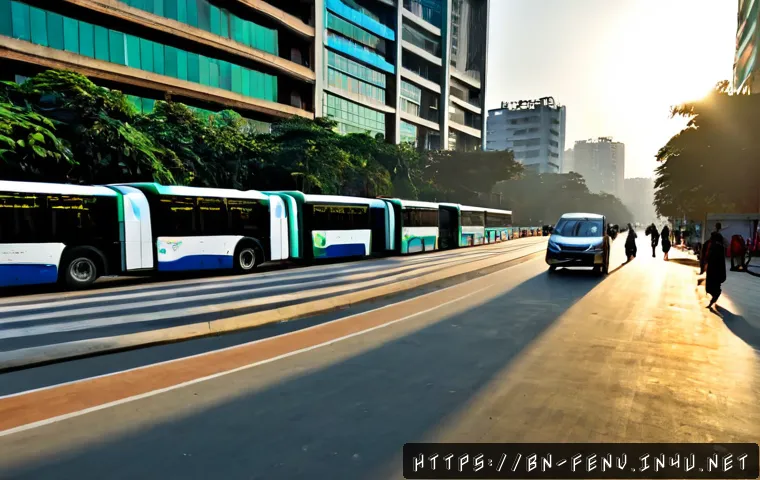 스마트 시티 구현 기술 - Photorealistic smart city street in Dhaka, Bangladesh, with electric buses, adaptive traffic signals...