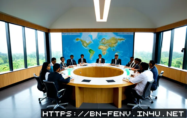 기후 변화에 대한 글로벌 대응 - Photorealistic wide-angle scene of diverse international climate delegates, including Bangladeshi re...