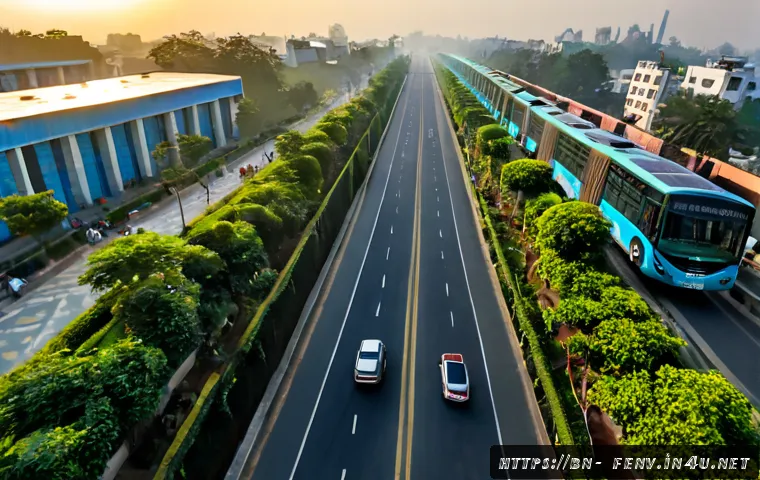 무공해 도시 만들기 - Photorealistic wide-angle view of a clean, pollution-free South Asian city at sunrise, electric buse...