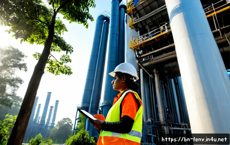 Home 17 탄소 포집 기술 - Photorealistic wide-angle view of a modern carbon capture facility beside a power plant, towering si...